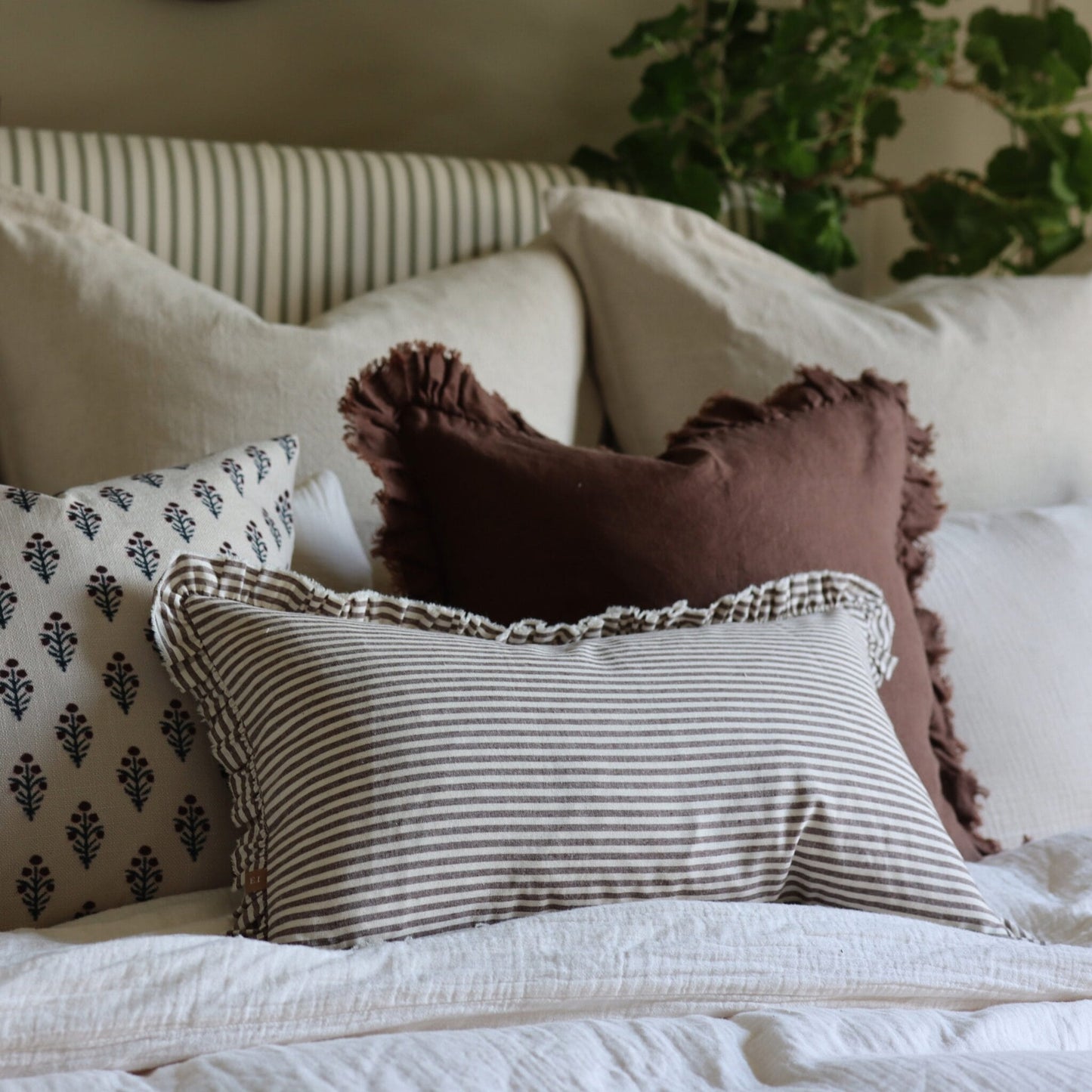 Darcy Ruffle Cotton Cushion Cover - Dark Brown Stripe