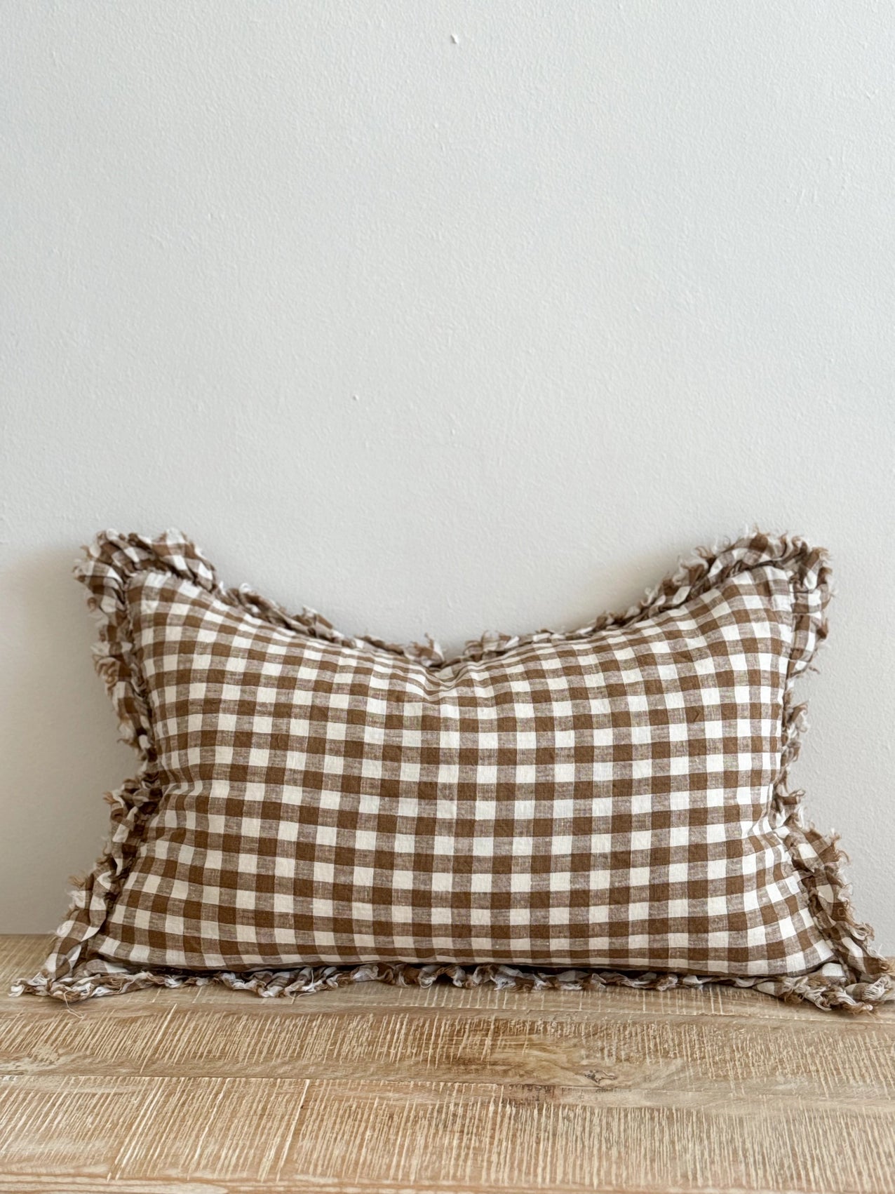 Hallie Ruffled Linen Cushion Cover - Brown Gingham