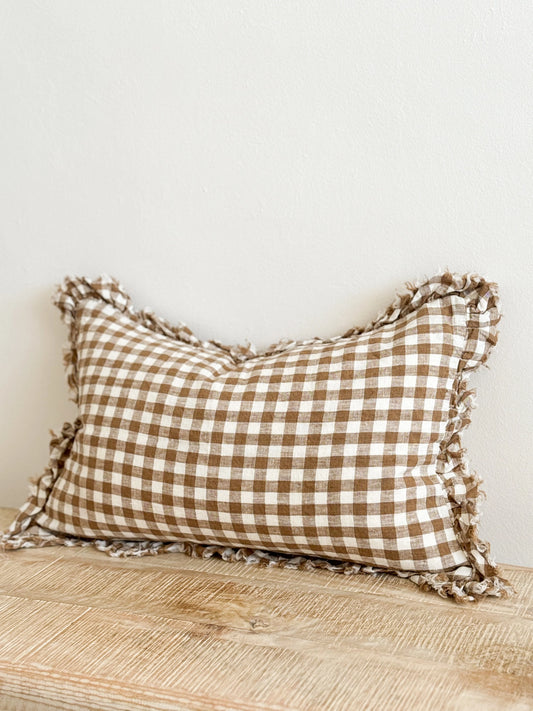 Hallie Ruffled Linen Cushion Cover - Brown Gingham