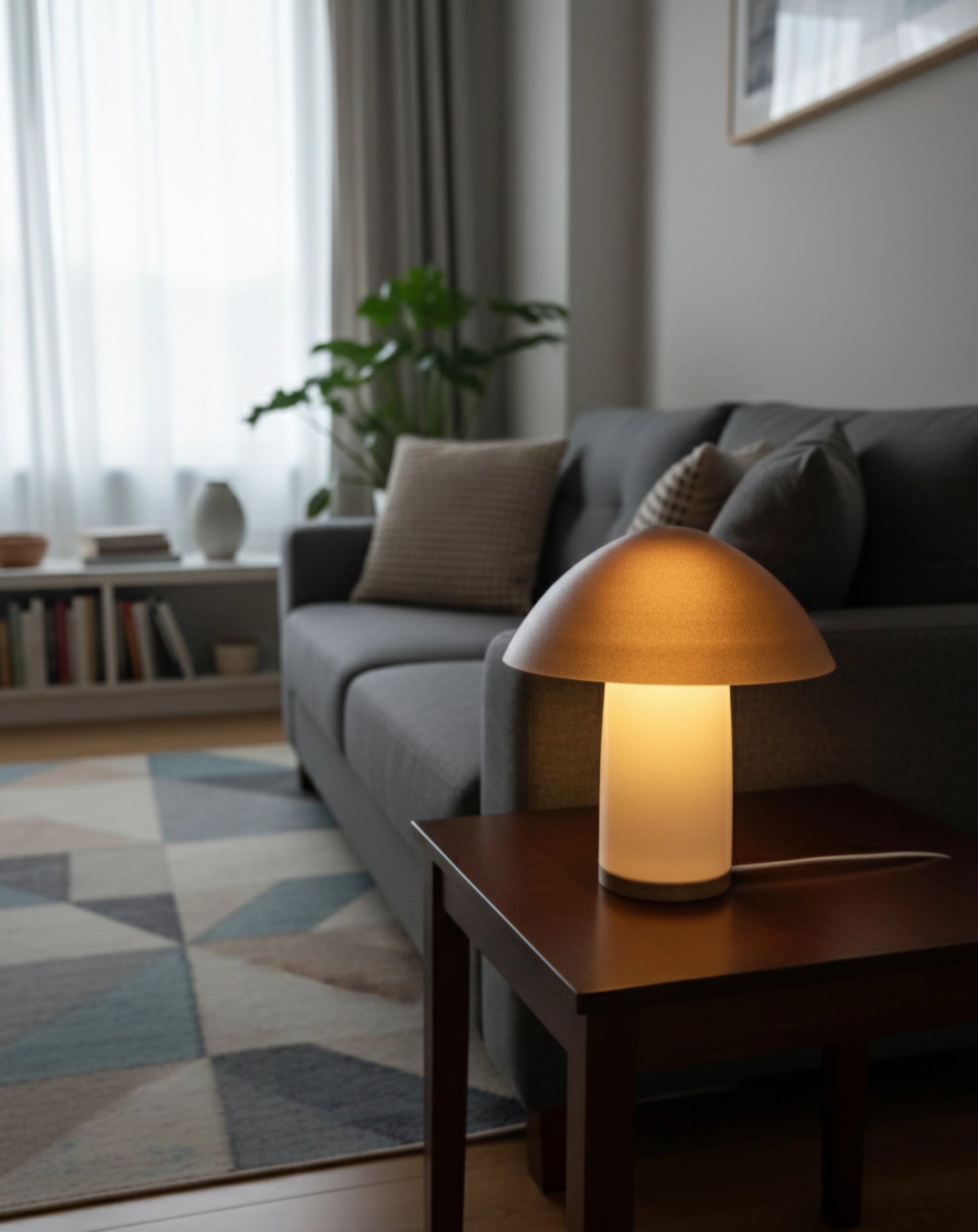 Lamp on a side table in a living room with a gray sofa and decorative pillows.