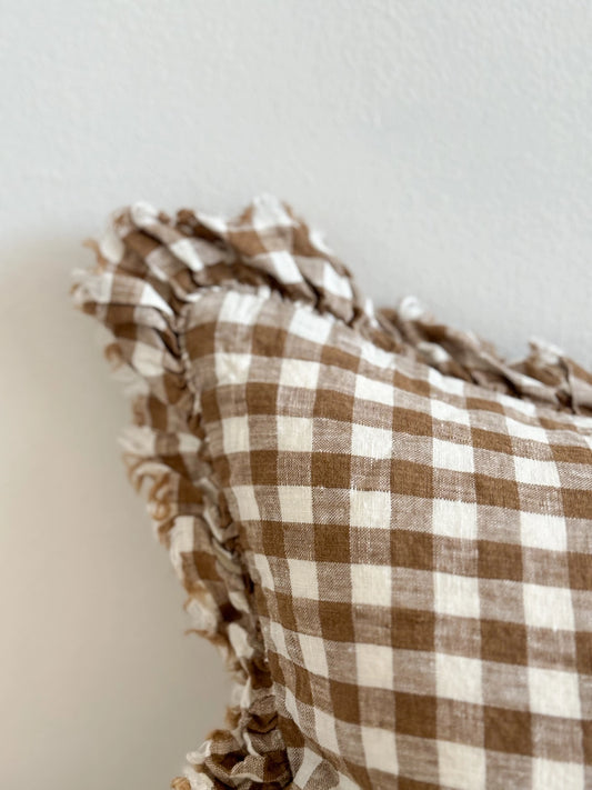 Hallie Ruffled Linen Cushion Cover - Brown Gingham