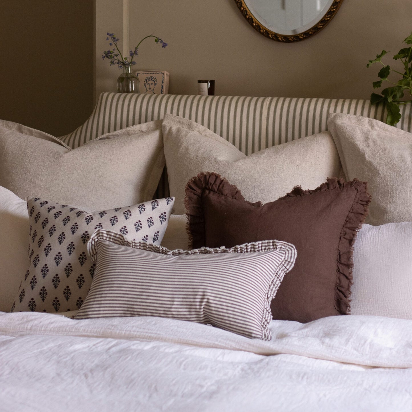 Darcy Ruffle Cotton Cushion Cover - Dark Brown Stripe