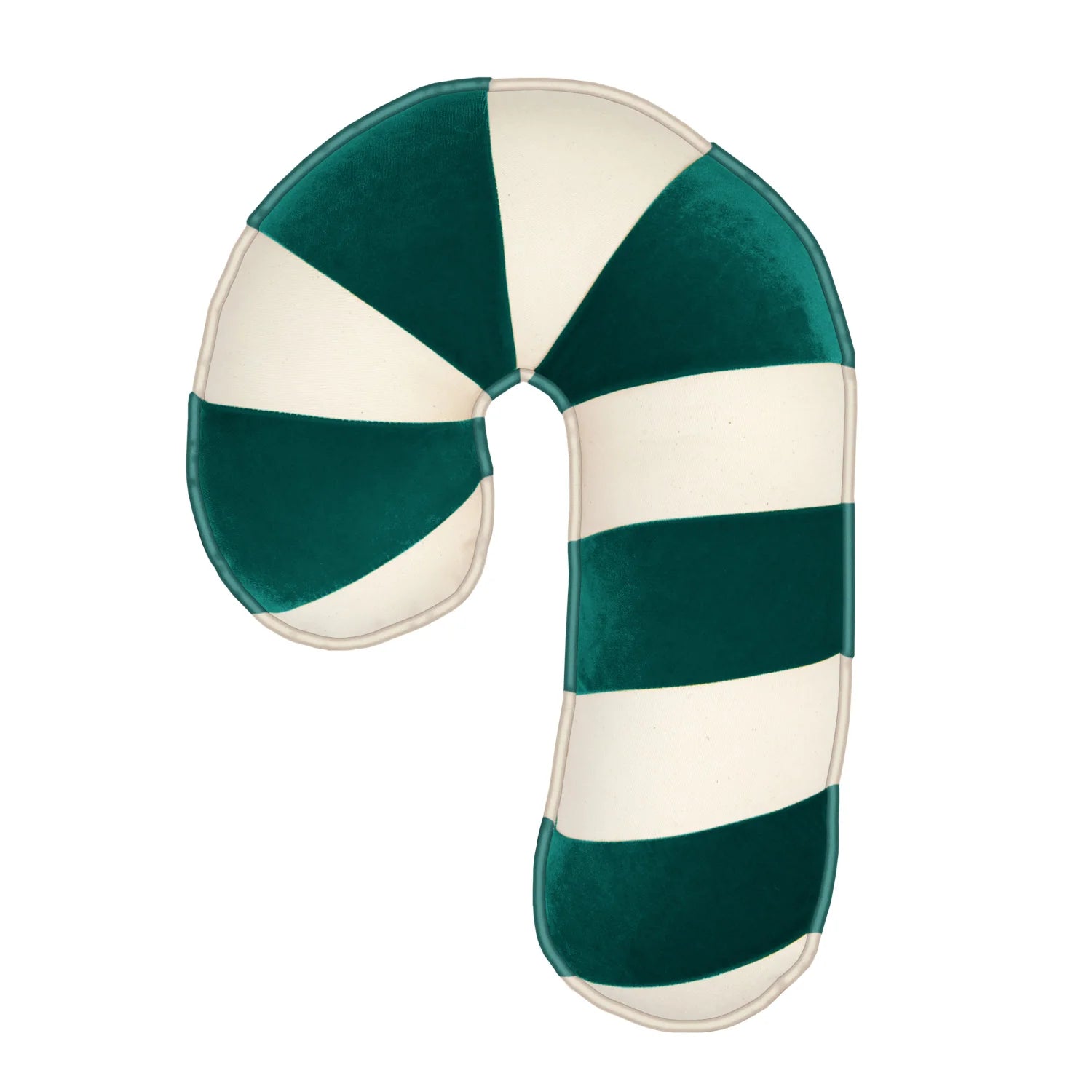 Green and white striped candycane pillow on a white background