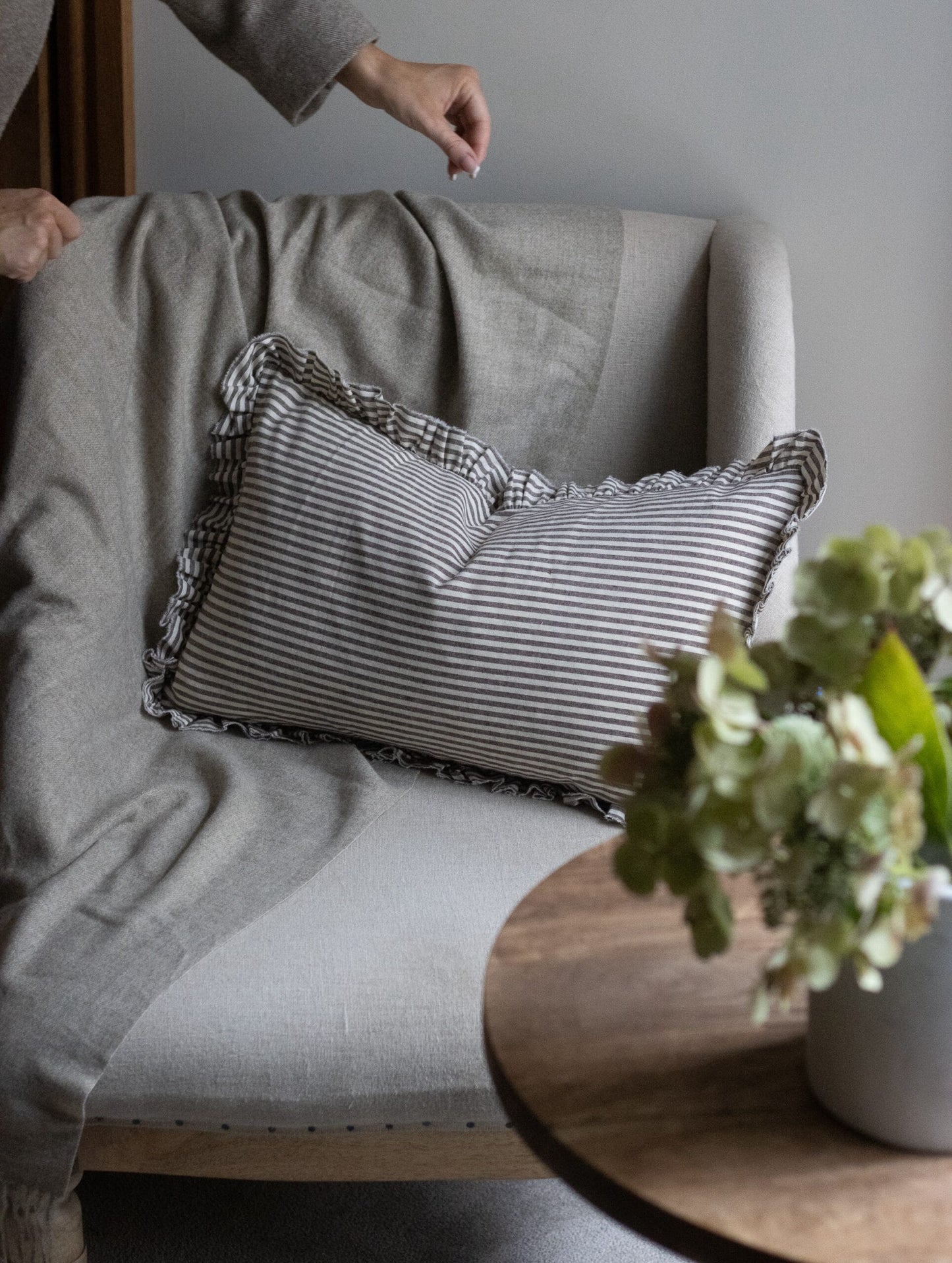 Darcy Ruffle Cotton Cushion Cover - Dark Brown Stripe