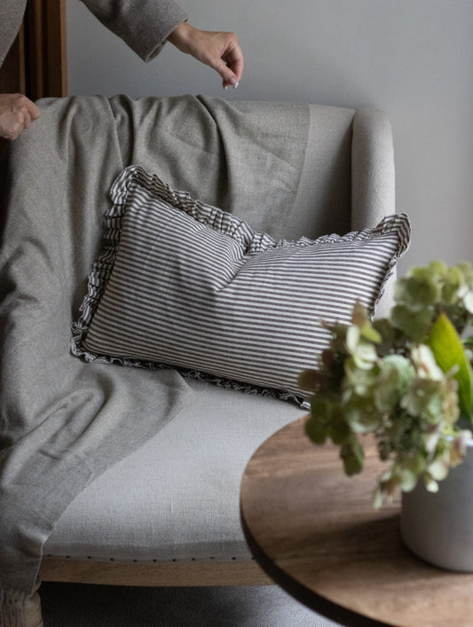 Darcy Ruffle Cotton Cushion Cover - Dark Brown Stripe