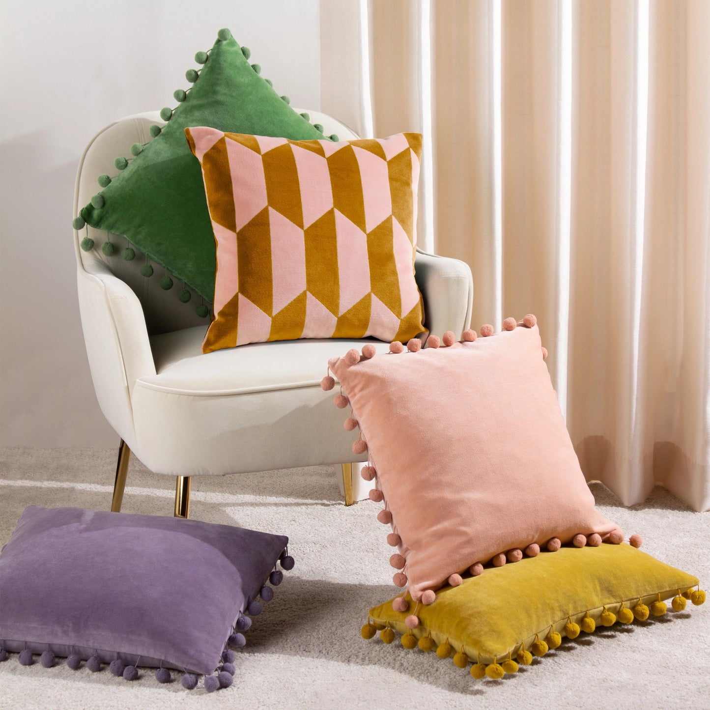 Kalho Geometric Velvet Cushion - Pink / Ochre