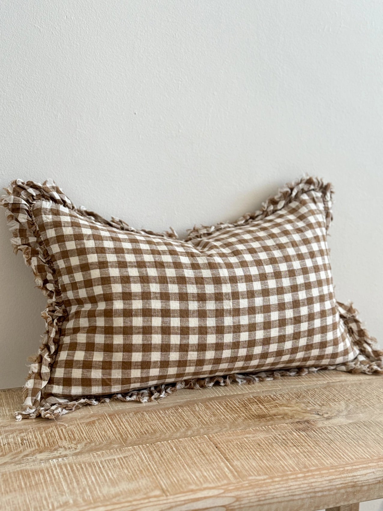 Hallie Ruffled Linen Cushion Cover - Brown Gingham