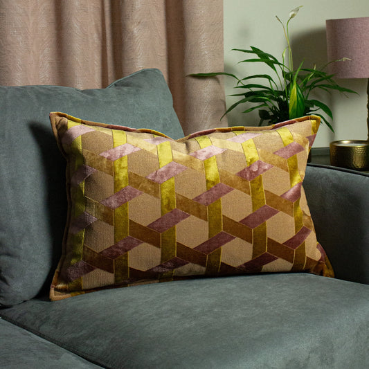 Delano Velvet Jacquard Cushion - Ochre / Blush
